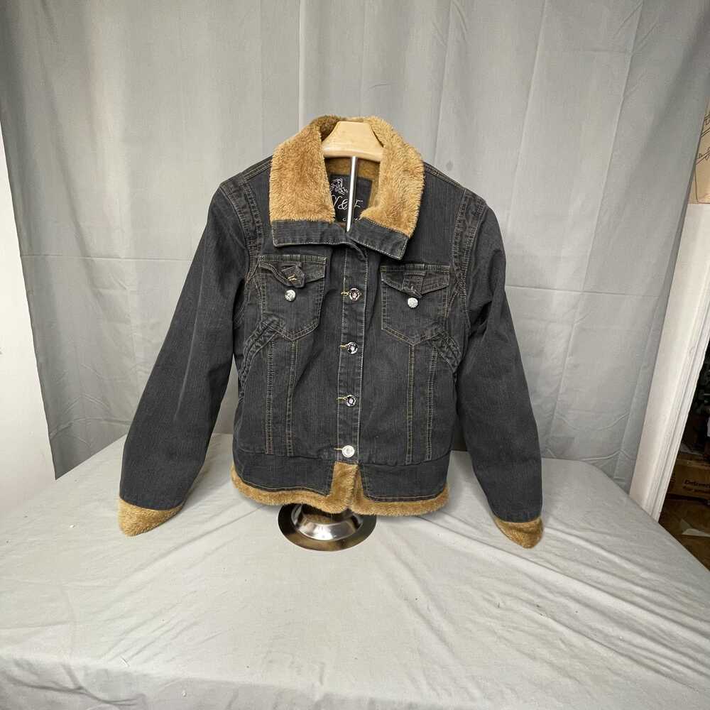 Vintage Y&F Denim Jacket Womens xl stretch Black Denim Faux Fur Lined Y2K
